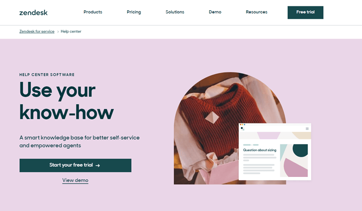 Zendesk webpage with headline Use your know-how, a photo of a jumper, a graphic of a help centre highlighting applications of AI, and buttons for Start your free trial and View demo on a pink and white background.
