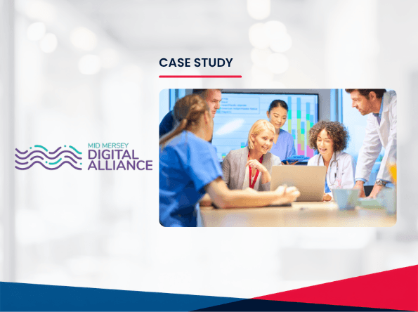 Mid Mersey Digital Alliance logo beside a photo of diverse healthcare professionals gathered around a laptop, collaborating and smiling in a bright meeting room.