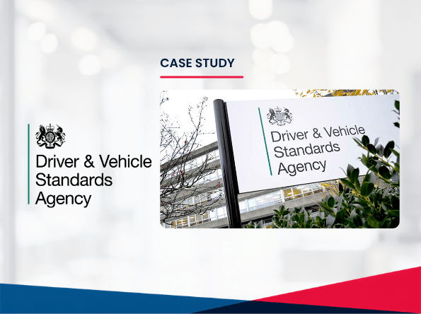 Sign for the Driver & Vehicle Standards Agency stands outdoors near a building with trees and foliage in the foreground. The image is labelled CASE STUDY at the top.