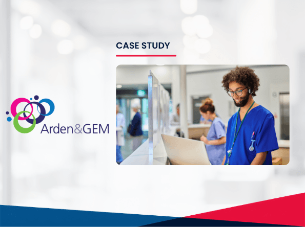 Case study slide with the Arden & GEM logo on the left and a photo on the right of a healthcare worker in blue scrubs using a laptop, with another worker in the background.