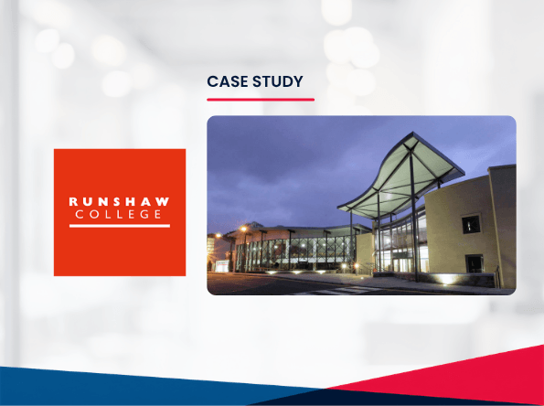 Runshaw College logo on the left. On the right, an exterior photo of a modern building with large glass windows at dusk, symbolising innovation and progress. Case Study text appears above the image, highlighting Runshaw College IT Achieve 4 Star Business Led Certification success. Blue, red, and white design elements complete the professional look.
