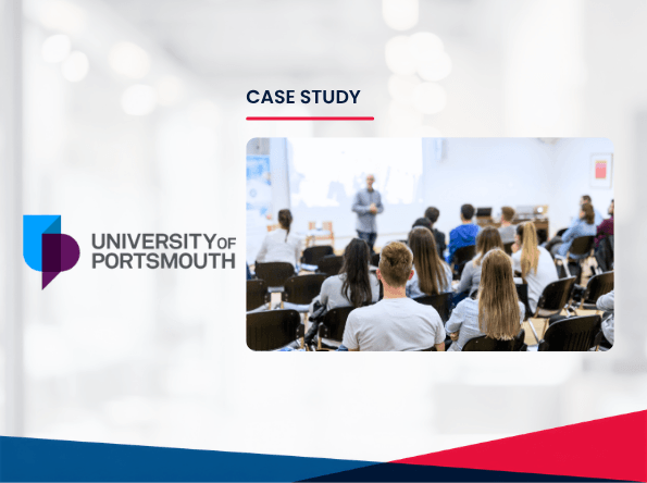 University of Portsmouth case study slide showing a lecturer speaking to students seated in a classroom, with the university logo on the left and a colourful border at the bottom. Highlighted is The University of Portsmouth Achieve 3 Star Customer Led Certification, demonstrating their commitment to excellence in student experience.