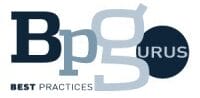 Logo with large overlapping letters Bpg and the word GURUS inside a dark circle. Below, smaller text reads BEST PRACTICES. Navy blue and light grey colours emphasise the Global Partners focus.