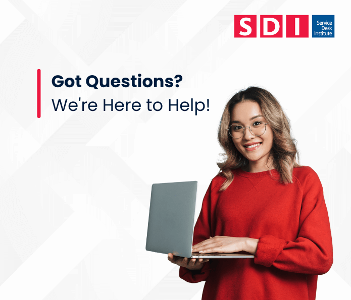A smiling woman in a red jumper holds a laptop. Text reads, Got Questions? Meet the recruiter—we're here to help! The SDI (Service Desk Institute) logo appears in the top right corner.