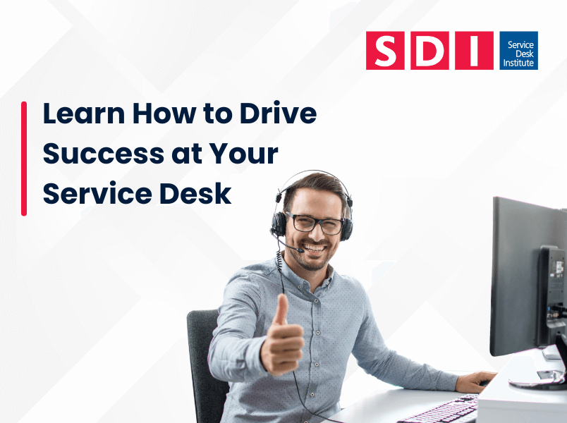 A smiling man wearing glasses and a headset sits at a desk with a computer, giving a thumbs-up. Text reads: Learn How to Drive Success at Your Service Desk with AI in education. SDI and Service Desk Institute logos are visible.