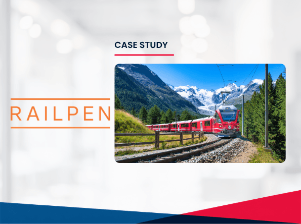 A red train travels through a scenic mountain landscape with green trees and snowy peaks. The word RAILPEN and the text Case Study appear on the left.
