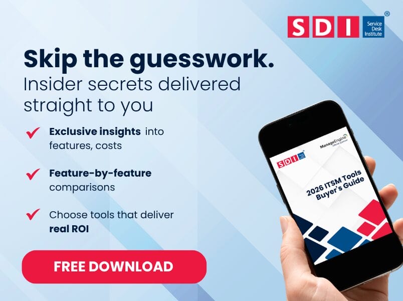 A hand holds a phone displaying the ITSM Tools Buyers’ Guide by SDI, featuring exclusive insights and IT Service Management (ITSM) feature comparisons for real ROI. The SDI logo is top right, with a red Free Download button at the bottom.