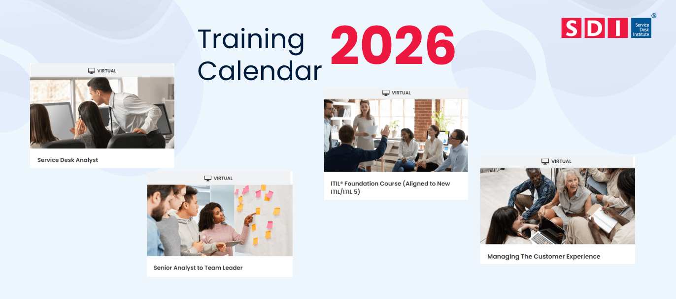 2026 training calendar with SDI logo, showcasing effective employee training through four virtual courses: Service Desk Analyst, mITSM Foundation Course, Senior Analyst to Team Leader, and Managing the Customer Experience, each highlighted with vibrant group photos.