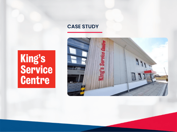 Case study slide featuring King’s Service Centre accreditation in white text on a red background, next to a photo of a modern building with a large Kings Service Centre sign.