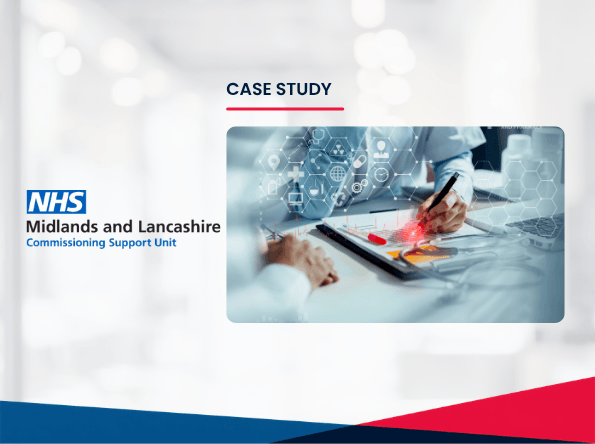 NHS Midlands and Lancashire Case Study featuring a photo of a person using a tablet, digital health icons, and a stethoscope on a desk, highlighting how Midlands and Lancashire CSU achieve Certification in advancing digital healthcare solutions.