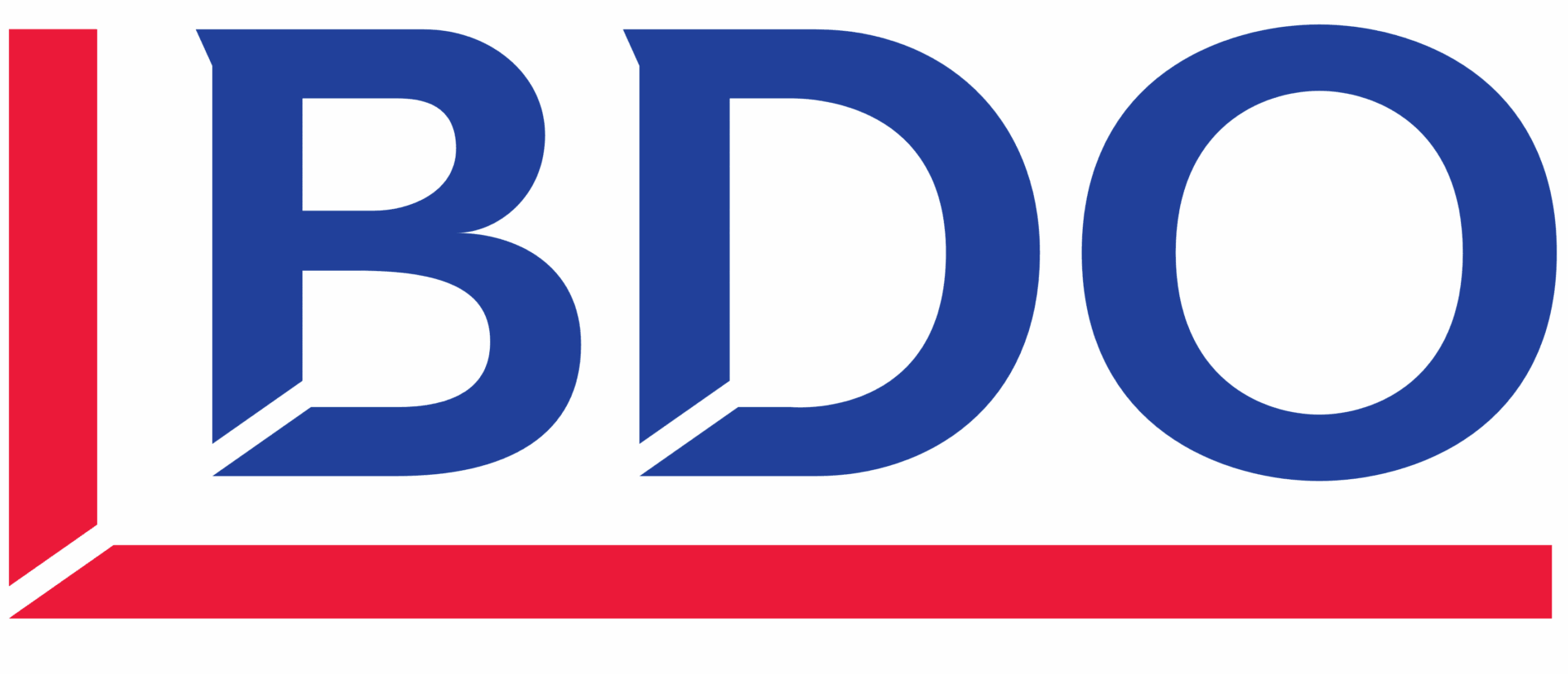 The image shows the BDO logo with bold blue letters BDO and red lines forming an L-shape around the text, on a white background.
