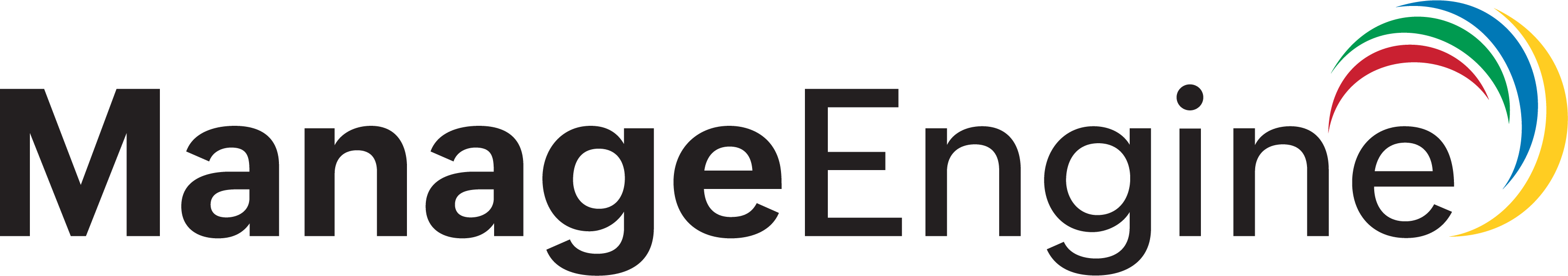 The ManageEngine logo with bold black text and a multi-coloured semicircular swoosh in green, red, blue, and yellow on the top right corner.