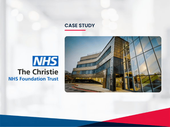 A modern glass building labelled The Christie beside the NHS logo and text The Christie NHS Foundation Trust on a white background with the heading Service Desk Certification Case Study above.