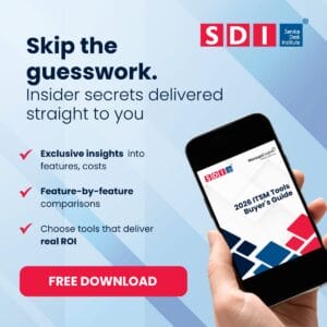 A hand holds a smartphone displaying the ITSM Tools Buyers' Guide. Text reads, Skip the guesswork in ITSM tool selection. Insider secrets delivered straight to you and lists features. Red Free Download button at the bottom with SDI logo shown.