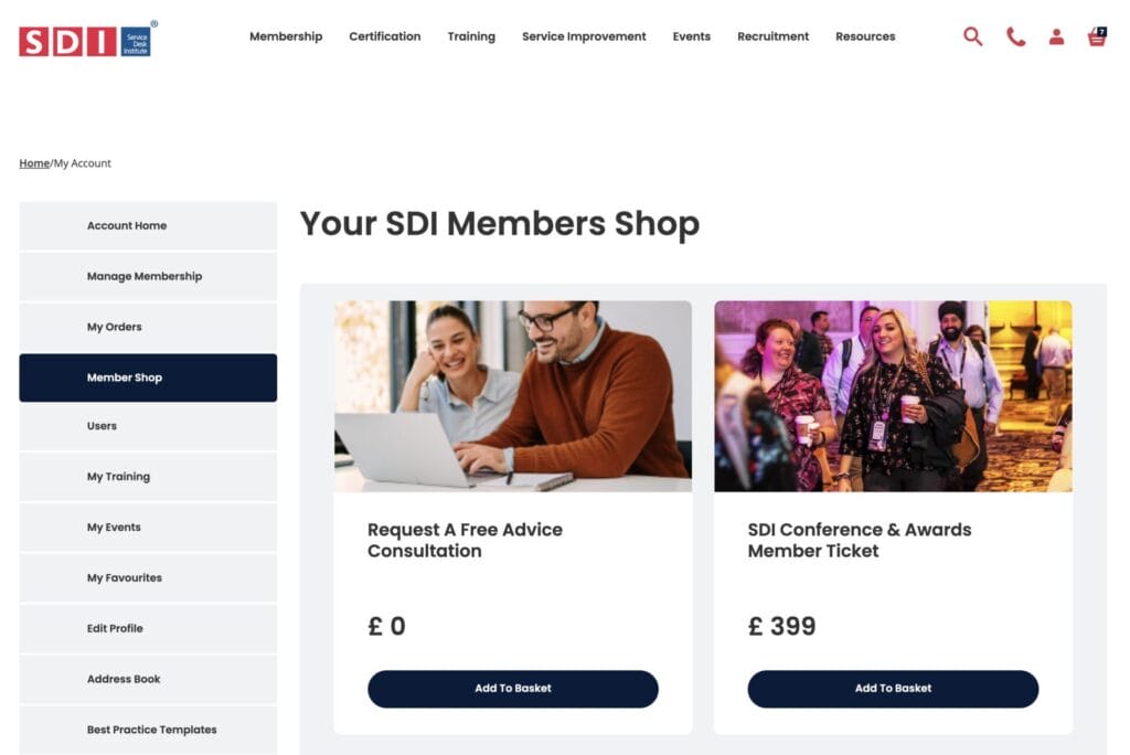 screenshot of SDI members shop