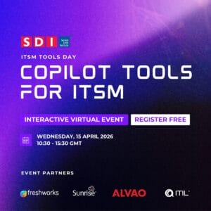 Event poster for ITSM Tools Day: Copilot Tools for ITSM, an interactive virtual event on 15 April 2026, 10:30–15:30 GMT. Includes registration link and logos of partners: Freshworks, Sunrise, Alvao, and ITIL.