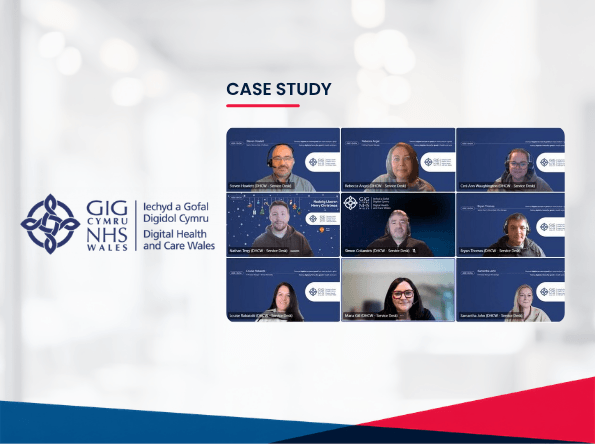 A virtual meeting screenshot features eight people in separate video frames with the GIG Cymru NHS Wales logo and CASE STUDY text on the left, set against a blurred office background, highlighting the achievement of Digital Health and Care Wales Service Desk Certification.