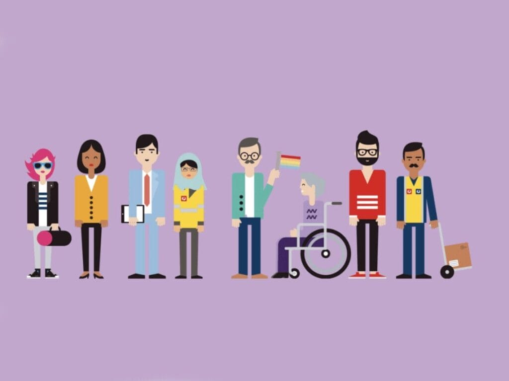 Illustration of diverse people, including a delivery worker and a person in a wheelchair, standing in a row on a purple background, reflecting the inclusive spirit of SDC v9 ITIL 4 and new ITIL frameworks.