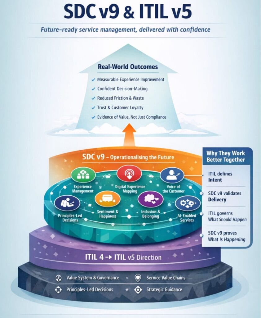 Infographic comparing SDC v9, ITIL 4, and new ITIL for service management—highlighting outcomes, experience management, voice of the customer, and how SDC (defines intent) and ITIL (governs delivery) work together effectively.