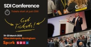 Promotional graphic for the SDI Conference 2026, featuring event details, speaker photos, and networking crowds. Text highlights tickets from £99 and the Hilton Metropole, Birmingham, on 19–20 March 2026 with a focus on global service desk transformation.