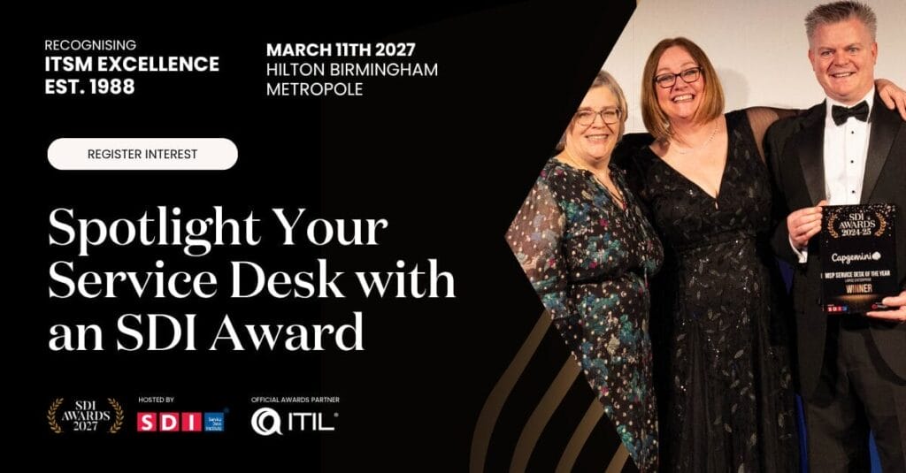 Three smiling people in formal wear pose on stage holding an award. Text promotes the SDI Awards event on 11 March 2027 at Hilton Birmingham Metropole, celebrating Capgemini SDI Awards Finalist and ITSM excellence.