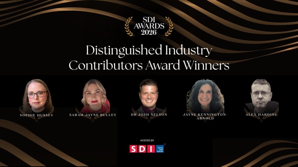 A black and gold SDI Awards 2026 graphic features headshots of five industry thought leaders, the Distinguished Industry Contributors Award winners: Sophie Hussey, Sarah-Jayne Pulley, Dr Josh Nelson, Jayne Kennington-Arnold, and Alex Harding.