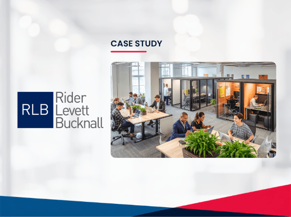 Office workers collaborate at desks and in glass meeting rooms. The left side displays the Rider Levett Bucknall (RLB) logo with “CASE STUDY” written above the office scene, highlighting a service desk certification case study. The background is light with abstract shapes.