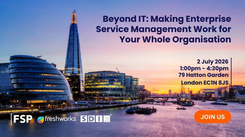 Event banner shows the London skyline with the Shard at sunset. Text promotes an Enterprise Service Management software event on 2 July 2026, 1–4:30pm, at 79 Hatton Garden, London. Logos and an orange Join Us button feature at the bottom.