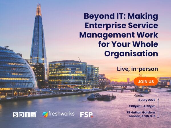 Event promo image with London skyline at sunset, advertising Beyond IT: Making Enterprise Service Management Work for Your Whole Organisation, live on 2 July 2026, 1–4:30pm, 79 Hatton Gardens, London. Includes SDI, Freshworks, and FSP logos.