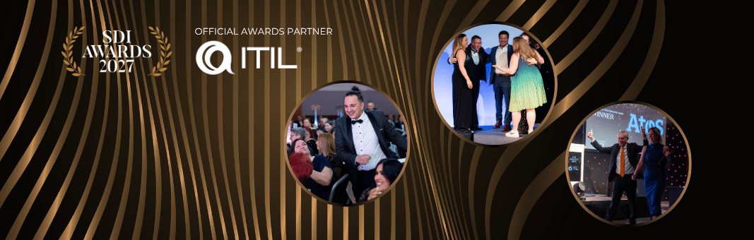Banner for SDI Awards 2024 with the ITIL logo as official awards partner, featuring three circular photos of people dressed formally, celebrating and receiving awards on stage. Wavy gold lines decorate the background.