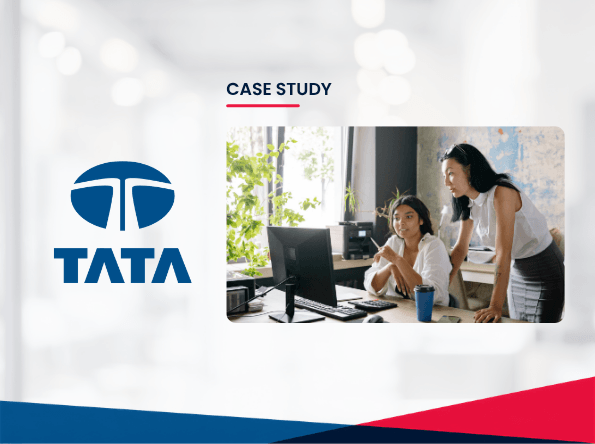 Two women at a desk look at a computer monitor in a bright office. The TATA logo and the words CASE STUDY appear on the left side of the image, highlighting Tata Communications Service Desk Certification as a key topic of discussion.