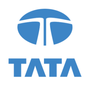 The blue Tata logo features a stylised T resembling a tree or fountain above the word TATA in bold, uppercase letters, symbolising innovation like Tata Communications' achievement of a 60% reduction in customer portal tickets.