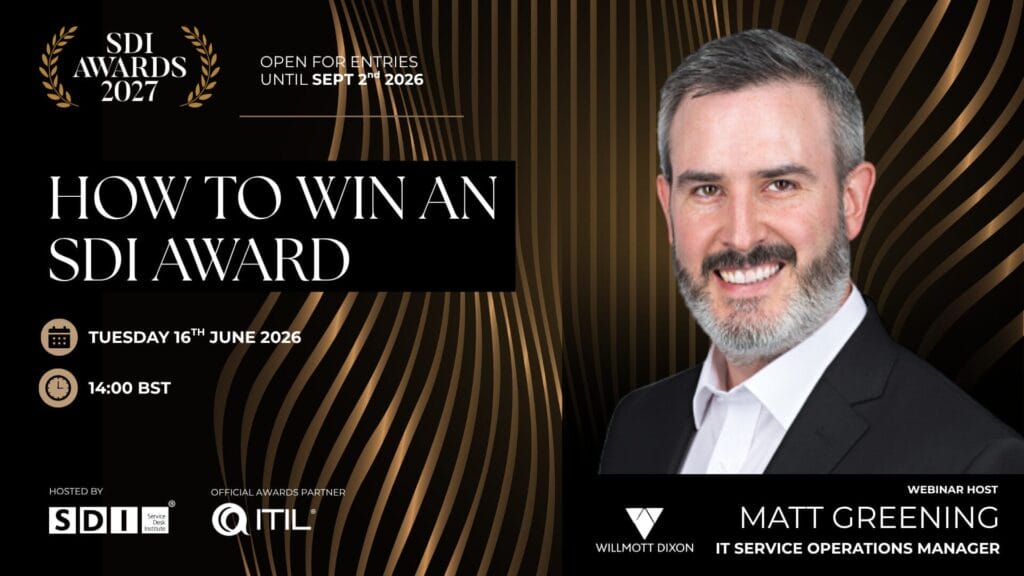 Webinar promo: How to Win an SDI Award on 16 June 2026, 14:00 BST. Features awards judge Matt Greening, a smiling man in a suit. SDI Awards 2027 branding, partner logos, and text details on a black and gold wavy background.