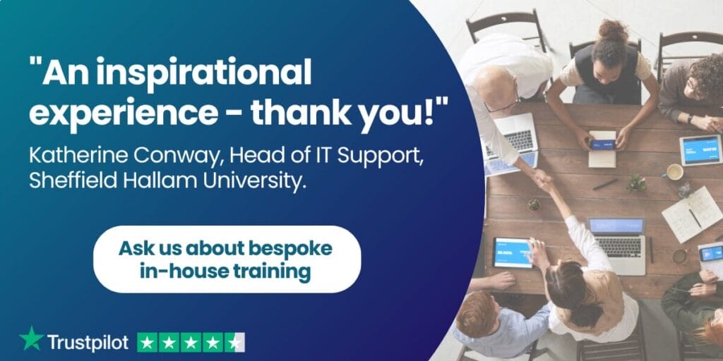 A group of service desk professionals sit around a table with laptops, notebooks, and coffee, viewed from above. Text overlay features a positive review about in-house ITSM Training and a prompt to enquire about bespoke ITSM Events, with Trustpilot rating shown.