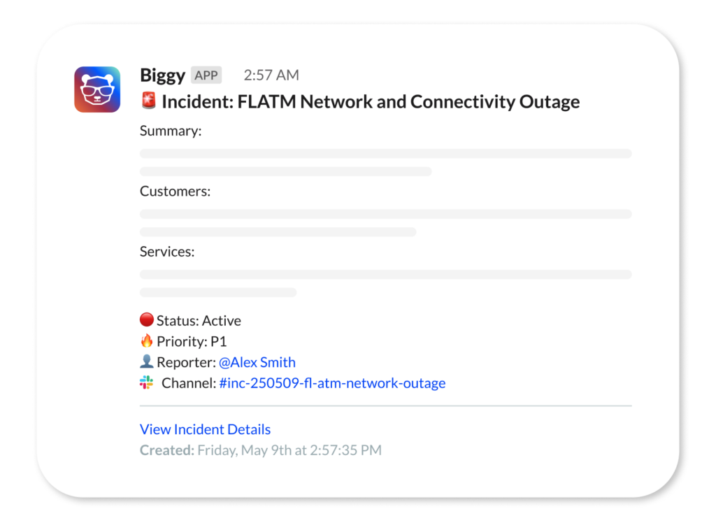A Slack notification from Big Panda's Biggy app reports an active FLATM network and connectivity outage. Status is active, priority is P1, reporter is Alex Smith, and a channel link is provided. Incident was created 9 May at 14:57:35.