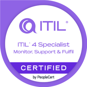 A round badge with the ITIL logo and text: ITIL 4 Specialist Monitor, Support & Fulfil, CERTIFIED by PeopleCert, in purple and white colours.