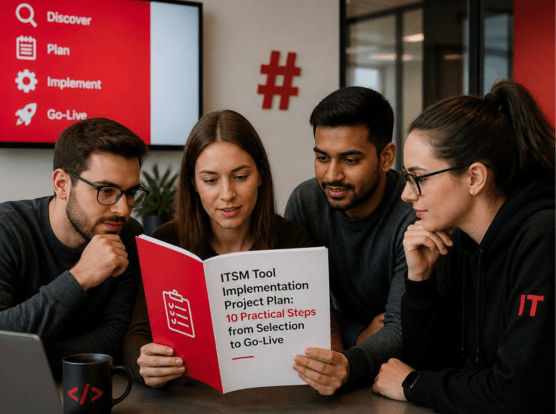 Four people sit around a table, closely reading a booklet titled ITSM Tool Implementation Project Plan: 10 Practical Steps from Selection to Go-Live. A red poster with project steps is on the wall behind them.
