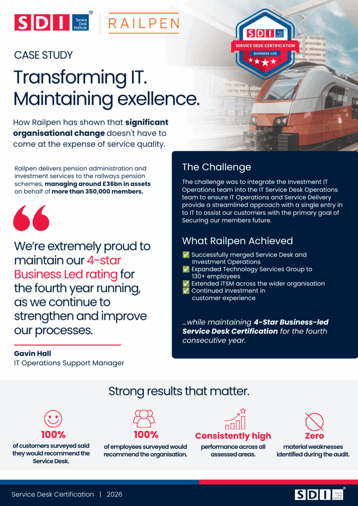 Train on high speed and blocks of text about Railpen service desk certification journey