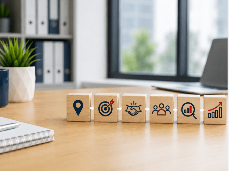 modern office and wooden blocks with icons on the office desk