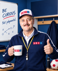A smiling coach wearing an SDI-branded tracksuit and hat holds a mug and gives a thumbs-up. Behind him, a whiteboard reads “Be curious, not judgemental” with a simple play diagram—an approach often encouraged within Service Desk Teams. Sports equipment is visible in the room.