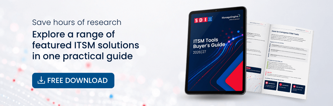 Tablet showing ITSM Tools Buyers' Guide next to opened guide pages. Text: Save hours of research with our IT service management hub. Explore a range of featured ITSM solutions in one practical guide. Blue button: Free Download.